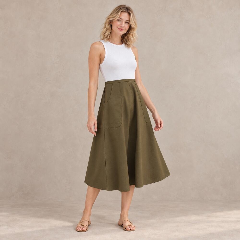 Zara White Olive Green Midi Dress Ribbed Cotton Colorblock Pockets A-Line Size M